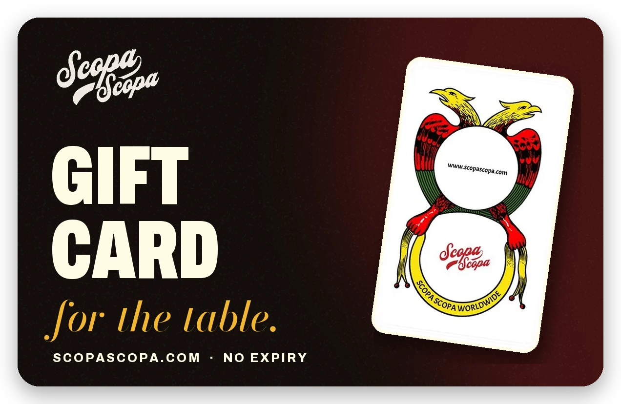 The Scopa Scopa gift card, with the ace of coins