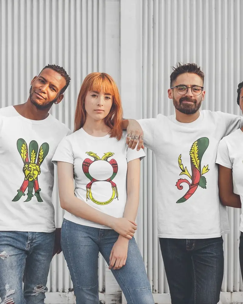 Friends in white Vintage Deck tees against a corrugated wall