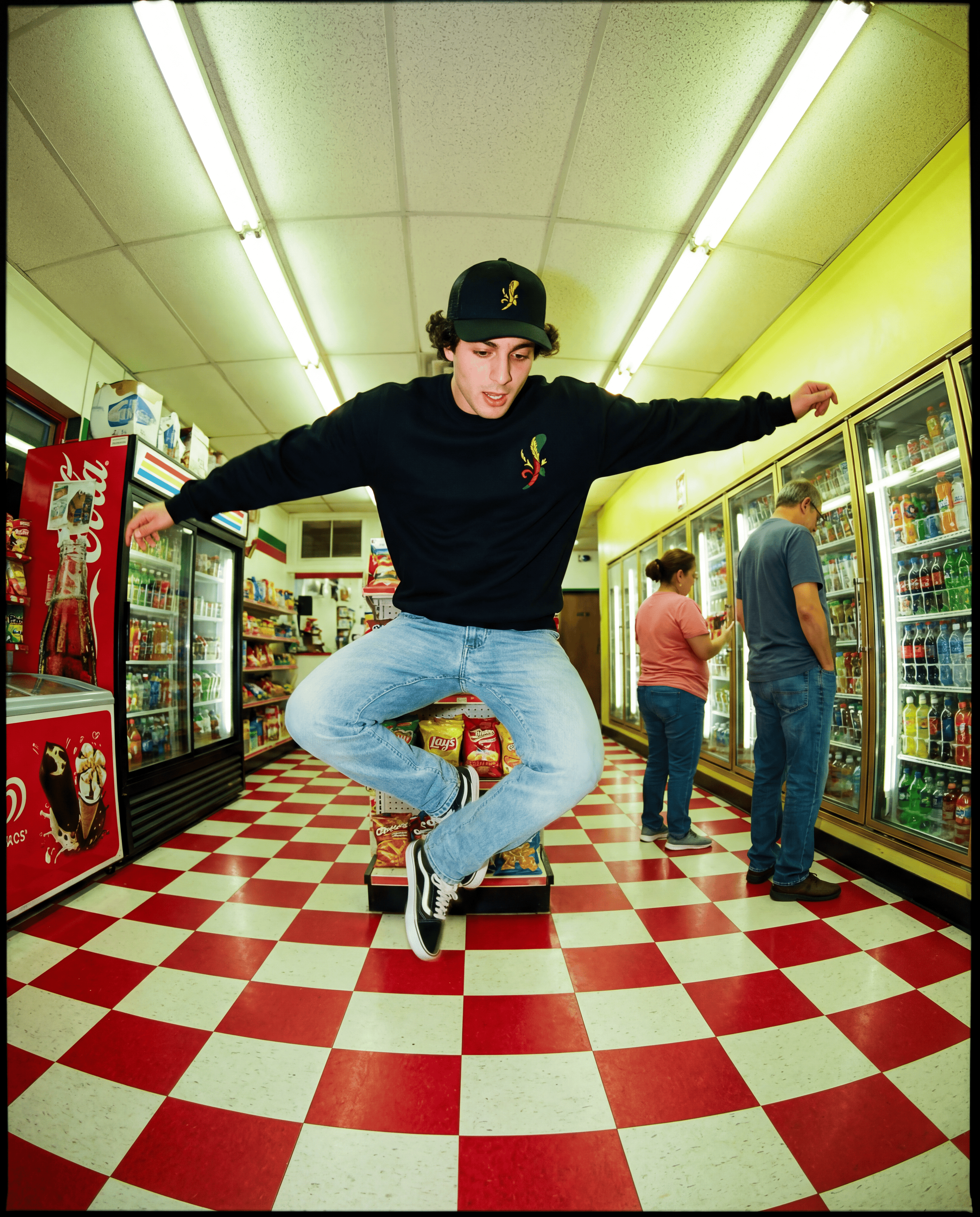 Person skateboarding in a convenience store with checkered floor and refrigerator display.